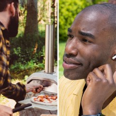 Mini TheraGun, Ooni pizza oven and a man using Airpods