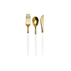 Trendables 120 Pack Disposable Silverware Set - Plastic Cutlery Dinnerware - Includes 40 - Plastic Forks - Plastic Spoons - Plastic Knives - White &amp; Gold Plastic Silverware Plastic Utensils Party Set