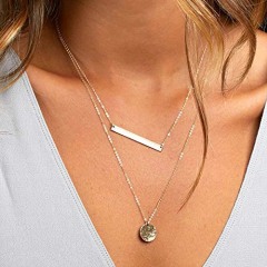 Dainty Layering Pearls Necklace Bar Necklace Hammered Disc Pendant Necklace Simple Layering Necklace Gold Plated Choker for Women