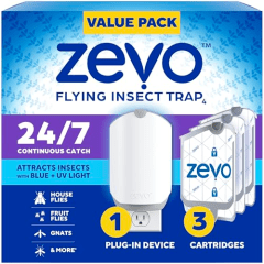 Zevo Flying Insect Trap &amp; 3 Cartridges - Plug in Fly Trap &amp; Indoor Bug Catcher for Gnats, House &amp; Fruit Flies - Mess-Free - Use in Any Room - Uses Blue &amp; UV Light (1 Plug in Device &amp; 3 Cartridges)