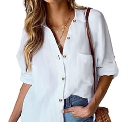 HOTOUCH White Button Up Shirt Women 100% Cotton Linen White Collar Shirts Long Sleeve Casual Work Blouse Top White L