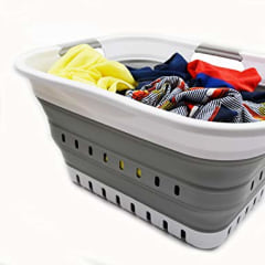 SAMMART 30L (8 gallon) Collapsible 3 Handled Plastic Laundry Basket - Foldable Pop Up Storage Container/Organizer - Space Saving Hamper/Basket (White/Grey)