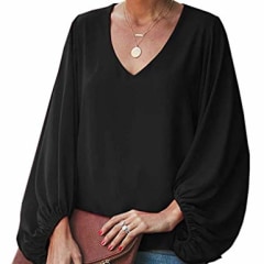 Women's Black Casual Tops Long Bell Sleeve V Neck Chiffon Blouse Loose Shirts Large