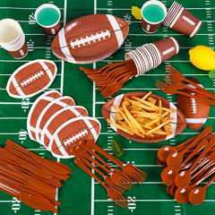 ADXCO 145 Pieces Football Party Supplies Football Shaped Party Tableware Football Paper Plates Cups Napkins Spoons Forks Knives Football Tablecloth for Football Party, Serves 24 Guests