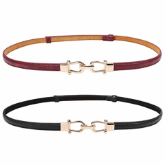 JASGOOD Leather Skinny Women Belt Thin Waist Belts for Dresses Up to 37 Inches with Golden Buckle 2 Pack (Black+Wine Red, Waist Size Below 37 Inches)