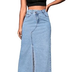 SweatyRocks Women's Casual High Waist Denim Skirt Split Hem Raw Trim Midi Jean Skirts Light Washed L