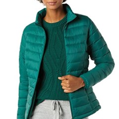 Amazon Essentials Women's Lightweight Long-Sleeve Water-Resistant Puffer Jacket (Available in Plus Size), Dark Emerald Green, Medium