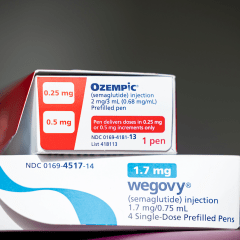 Containers of Ozempic and Wegovy medications.