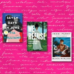 The books "Seven Days In June", "We Refuse", and "Black In Blues" on a pink background