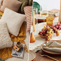 Three images of a cozy living room, a fireplace decorated and a dining room with fall decor