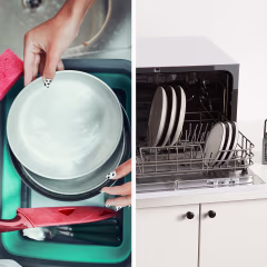 Teenager Girl Washing Up The Dishes Pots And Plates With Help Her Younger Sister and a countertop dishwasher