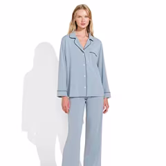 Eberjey Gisele PJ Set for Women - Notch Collar, Button Closure with Pull on Bottoms, Stretchy & Comfy Solid Pajama Set Ciel/Navy SM One Size