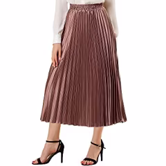 Allegra K Women's Christmas Party Elastic Waist Metallic Shiny Accordion Pleated Midi Skirt Small Copper