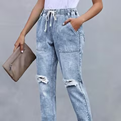 Sidefeel Women Distressed Pockets Denim Joggers Elastic Drawstring Waist Jeans Pants Large Light Blue