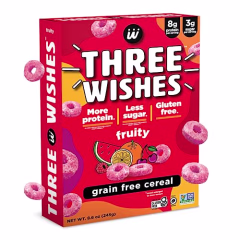 Plant-Based and Vegan Breakfast Cereal by Three Wishes - Fruity, 1 Pack - More Protein and Less Sugar Snack - Gluten-Free, Grain-Free - Non-GMO