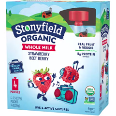 Stonyfield Organic Kids Strawberry Beet Berry Whole Milk Yogurt Pouches, 3.5 oz., 4 Ct – Real Fruit and Veggie; On The Go Snack and Breakfast Addition