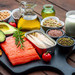 Group of healthy ingredients high in unsaturated fatty acid and Omega-3. Food that improve cholesterol levels, lower blood pressure and reduce inflammation. Olive oil, avocado, salmon, sardine, chia seed, nuts