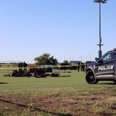 This image shows police on the scene where a person drove a vehicle through a soccer field during a game in Wichita, Kansas, Saturday, Oct. 17, 2026.