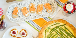Make-Ahead Mother's Day Menu and Recipes: Lemon Ricotta Panckae Blini; Asparagus Frittata; Smoked Salmon Toasts; Mixed Berry Parfaits