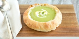 Vegetarian spring pea soup in a bread bowl