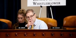 Image: Rep. Jim Jordan, R-Ohio, listens during to Ambassador Gordon Sondland's testimony at an impeachment inquiry hearing on Nov. 20, 2019.