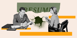 Illustration of woman and men in an office with a resume ripped on top of them