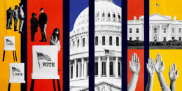 Image: Illustration of photos depicting voters on line, voting booths, the Capitol, the White House and raised hands.