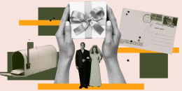 Illustration of hands holding gift with a married couple below the box.