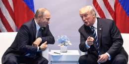 President Donald Trump and Russia's President Vladimir Putin hold a meeting on the sidelines of the G20 Summit in Hamburg, Germany, on July 7, 2017.