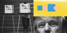 Photo illustration of a voter casting a ballot at a booth and former President Donald Trump