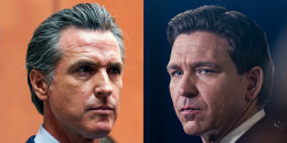 A side-by-side image of California Gov. Gavin Newsom and Florida Gov. Ron DeSantis.