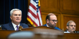 From left, James Comer, Jason Smith, and Jim Jordan during the impeachment hearing for Joe Biden, on Sept. 28, 2023.