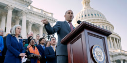 House Minority Leader Hakeem Jeffries rallies with fellow Democrats at the Capitol on Oct. 13, 2023.