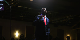 Republican presidential candidate Senator Tim Scott (R-SC) speaks to guests gathered at New Beginnings Church in Chicago on Oct. 23, 2023 .