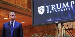 Donald Trump holds a news conference announcing the establishment of Trump University in 2005 in New York City.