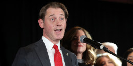 Michael Adams speaks to supporters during an election night watch party in Louisville, Ky.,