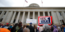 Supporters of Issue 1 attend a rally for the Right to Reproductive Freedom amendment at the Ohio State House in Columbus, Ohio on Oct. 8, 2023.