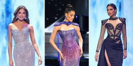 Miss Colombia, Miss Puerto Rico y Miss Tailandia en traje de gala en Miss Universo 2023, 72ª edición.
