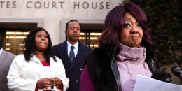 Georgia election workers Ruby Freeman and her daughter Shaye Moss speak outside of the  E. Barrett Prettyman U.S. District Courthouse in Washington, DC. on Dec. 15, 2023. 