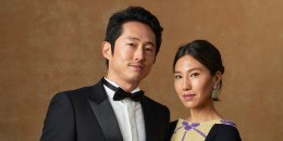 Steven Yeun and Joana Pak at the portrait booth at the 81st Golden Globe Awards held at the Beverly Hilton Hotel on January 7, 2024 in Beverly Hills, California. 