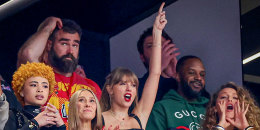 Taylor Swift and Blake Lively reacts at the Super Bowl between the San Francisco 49ers and Kansas City Chiefs in Las Vegas on Feb. 11, 2024.