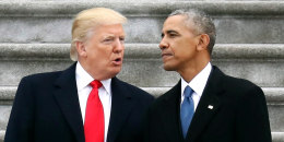 Donald Trump talks with Barack Obama.