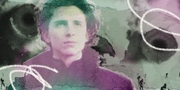 Image of Timothee Chalamet layered over image of sand work