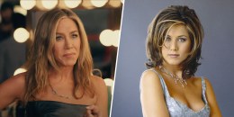 On the left, Jen Aniston in modern day with lightly touseled light brown locks. On the right, Anston in a jacquard print dress and her hair in the classic "the Rachel" haircut.
