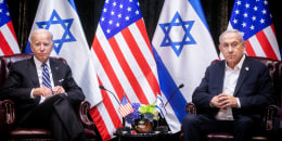 President Joe Biden sits with Israeli Prime Minister Benjamin.