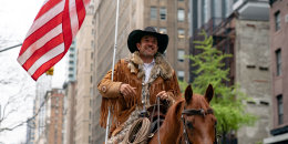 Otero County Commission Chairman and Cowboys for Trump co-founder Couy Griffin rides his horse on 5th avenue on May 1, 2020 in New York City. 