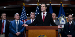 Matt Gaetz, center, with members of the House Freedom Caucus, during a news conference at the U.S. Capitol