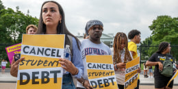 From left, Sabrina Calazans, Aiden Thompson and Sydney Stokes, rally with other student loan debt activists outside the White House