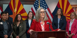 Arizona Gov. Katie Hobbs speaks at a news conference on the state's Supreme Court abortion law ruling at the state Capitol in Phoenix on April 9, 2024.
