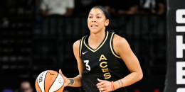 Candace Parker #3 of the Las Vegas Aces dribbles the ball during the game against the Dallas Wings on July 5, 2023 at Michelob ULTRA Arena in Las Vegas, Nevada.